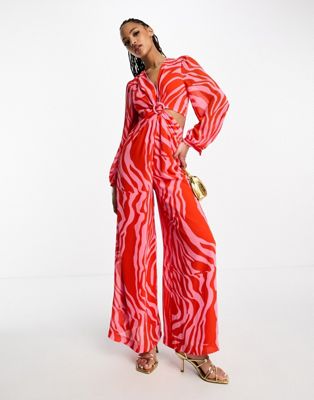 Style Cheat cut-out jumpsuit in red and pink zebra print