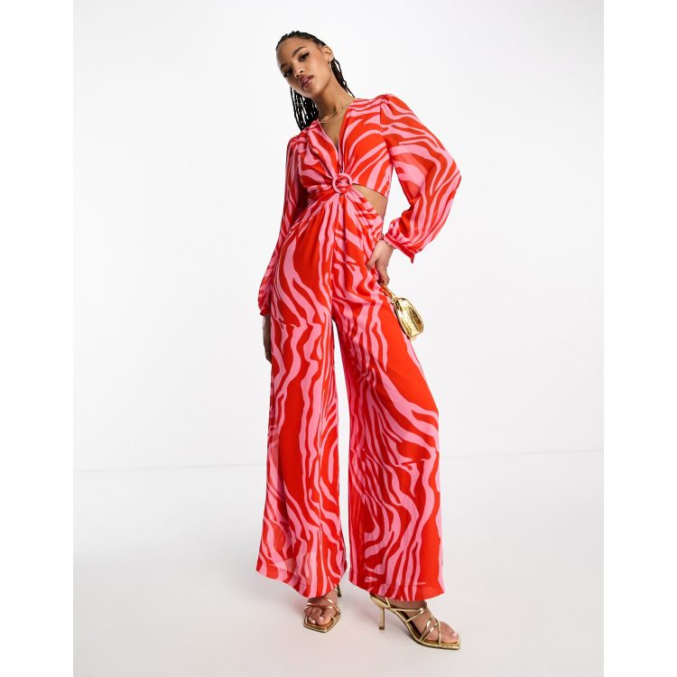 Style Cheat cut-out jumpsuit in red and pink zebra print | ASOS