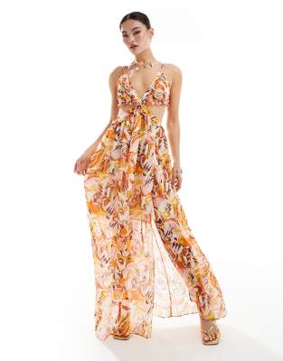 cut out maxi dress floral print-Multi