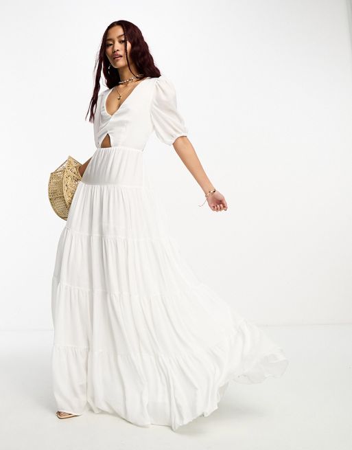 Style Cheat cut-out maxi dress with puff sleeves in white | ASOS