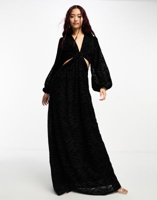 Style Cheat Style Cheat cut-out sheer balloon sleeve mesh maxi dress in black zebra-Multi