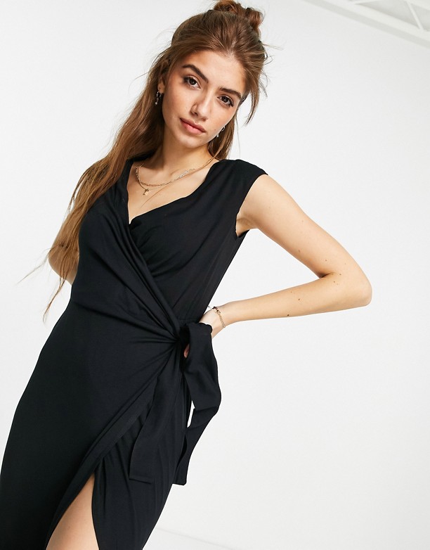 Style Cheat – Czarna sukienka midi o kopertowym kroju z pÓłrękawkiem Black Dostawca 
