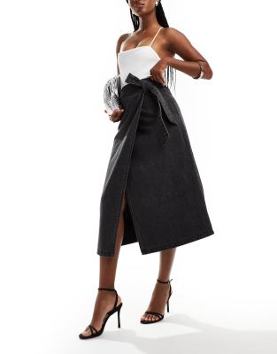 denim wrap midi skirt in washed black