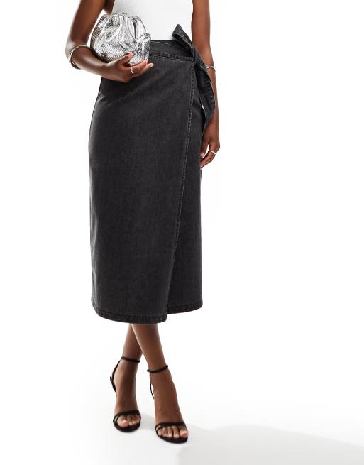 【Anyone more】Rown black midi denim skirt Trendy Asymmetrical Denim Midi Skirt - Black | Bar T
