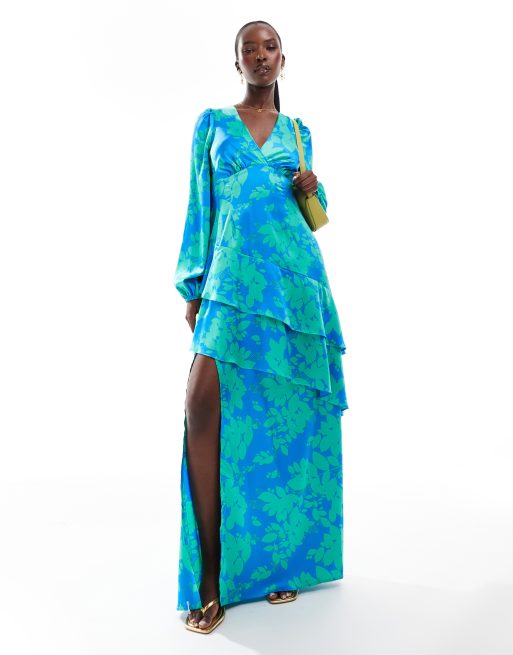 Style Cheat - Diepuitgesneden maxi jurk met ruches en bloemenprint in blauw