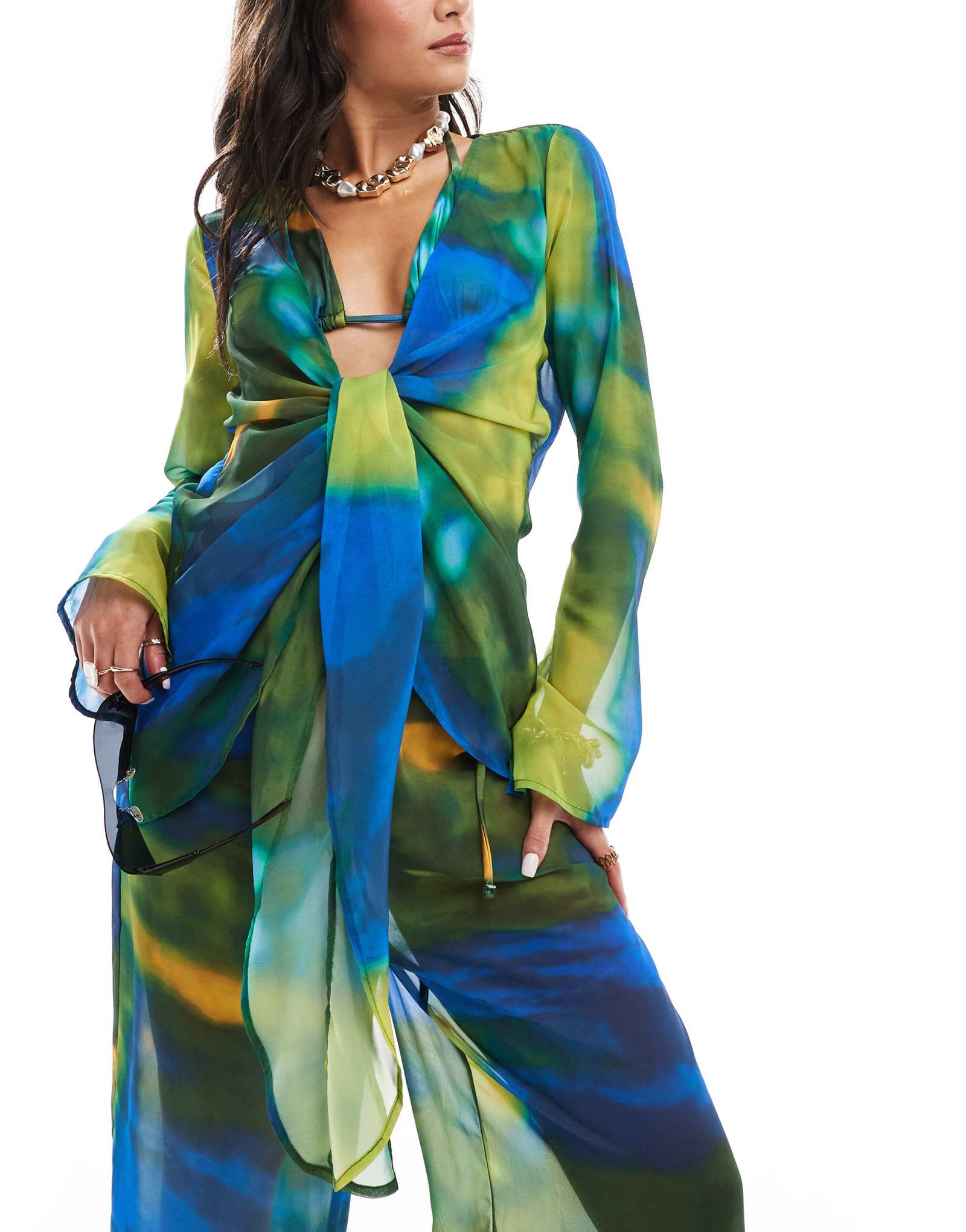 Пляжная рубашка-накидка Style Cheat с драпировкой спереди и мраморным принтом - часть комплекта 8890₽