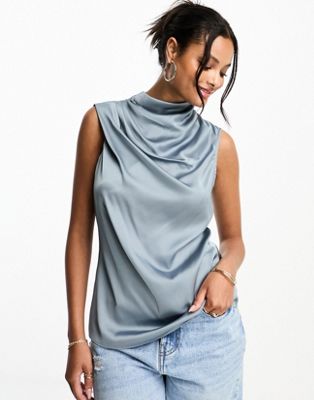 Style Cheat drape satin top co-ord in slate blue co-ord