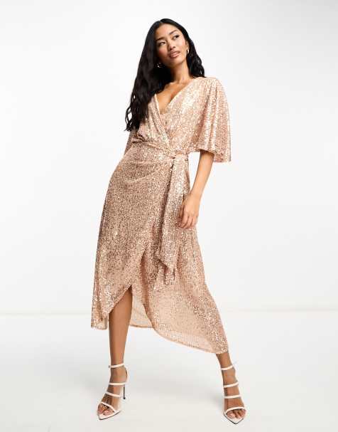 Gold wrap dress with sleeves sale