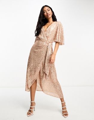 Style Cheat Exclusive angel sleeve sequin dress in champange