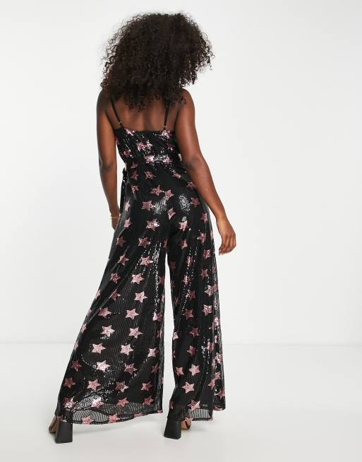 Style Cheat exclusive cowl neck wide leg 70s jumpsuit in pink star sequin, 2 of 4