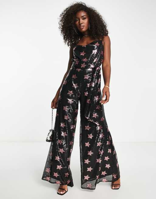 Style Cheat exclusive cowl neck wide leg 70s jumpsuit in pink star sequin, 4 of 4