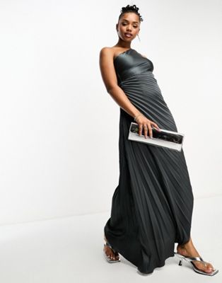 Exclusive one shoulder pleated midaxi dress gunmetal-Silver
