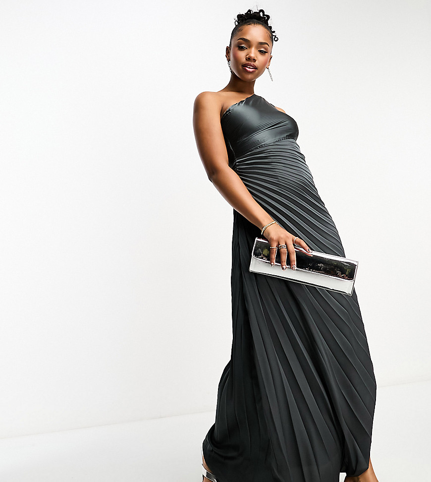 Style Cheat Exclusive one shoulder pleated midaxi dress gunmetal-Silver