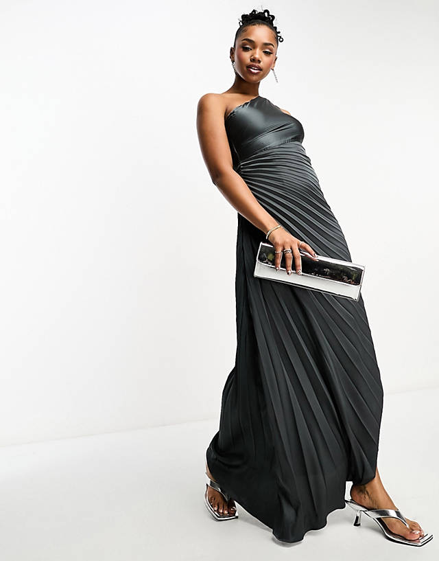 Style Cheat - exclusive one shoulder pleated midaxi dress gunmetal