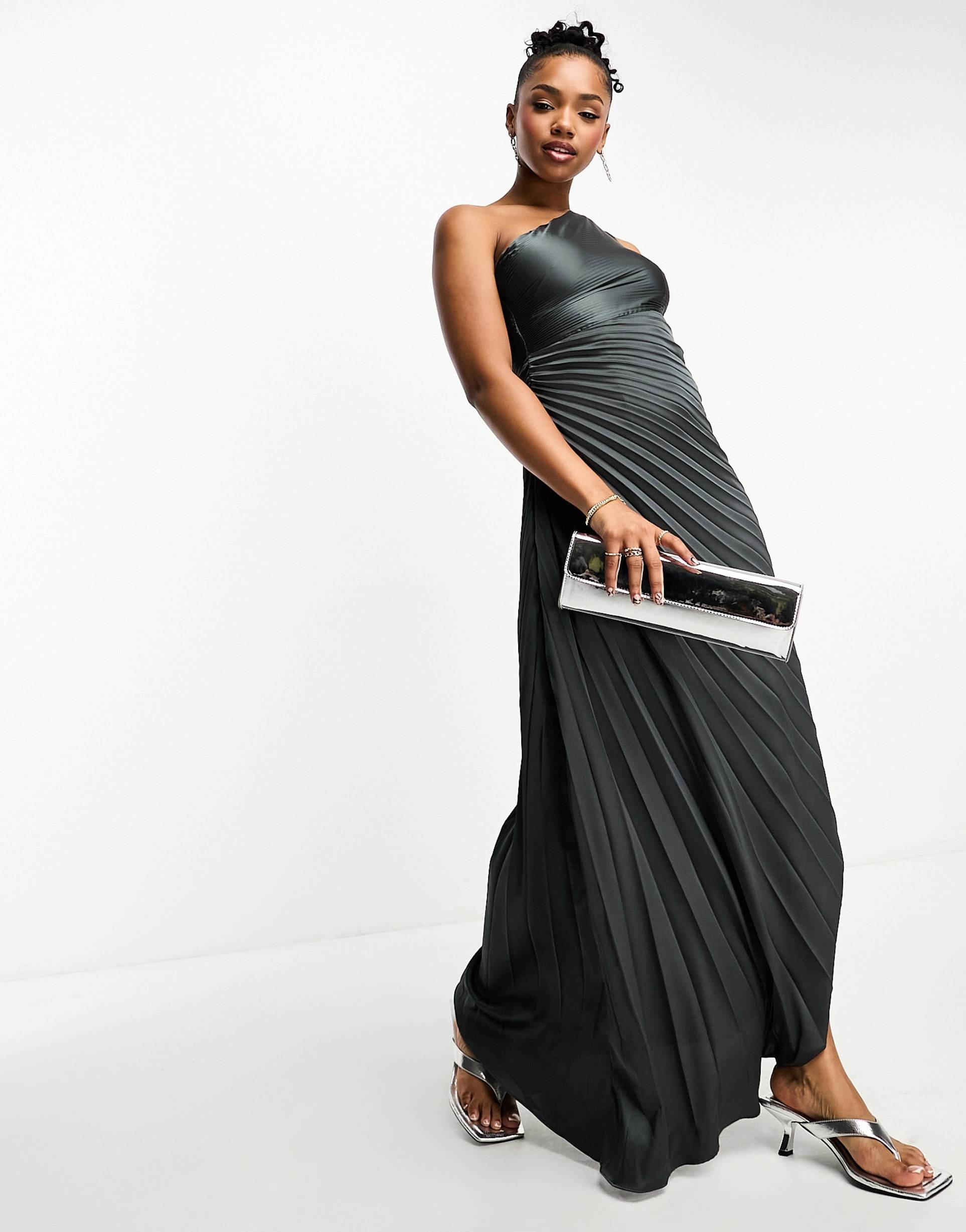 style cheat exclusive one shoulder pleated midaxi dress gunmetal