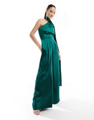 Style Cheat Exclusive satin jumpsuit with scarf in teal