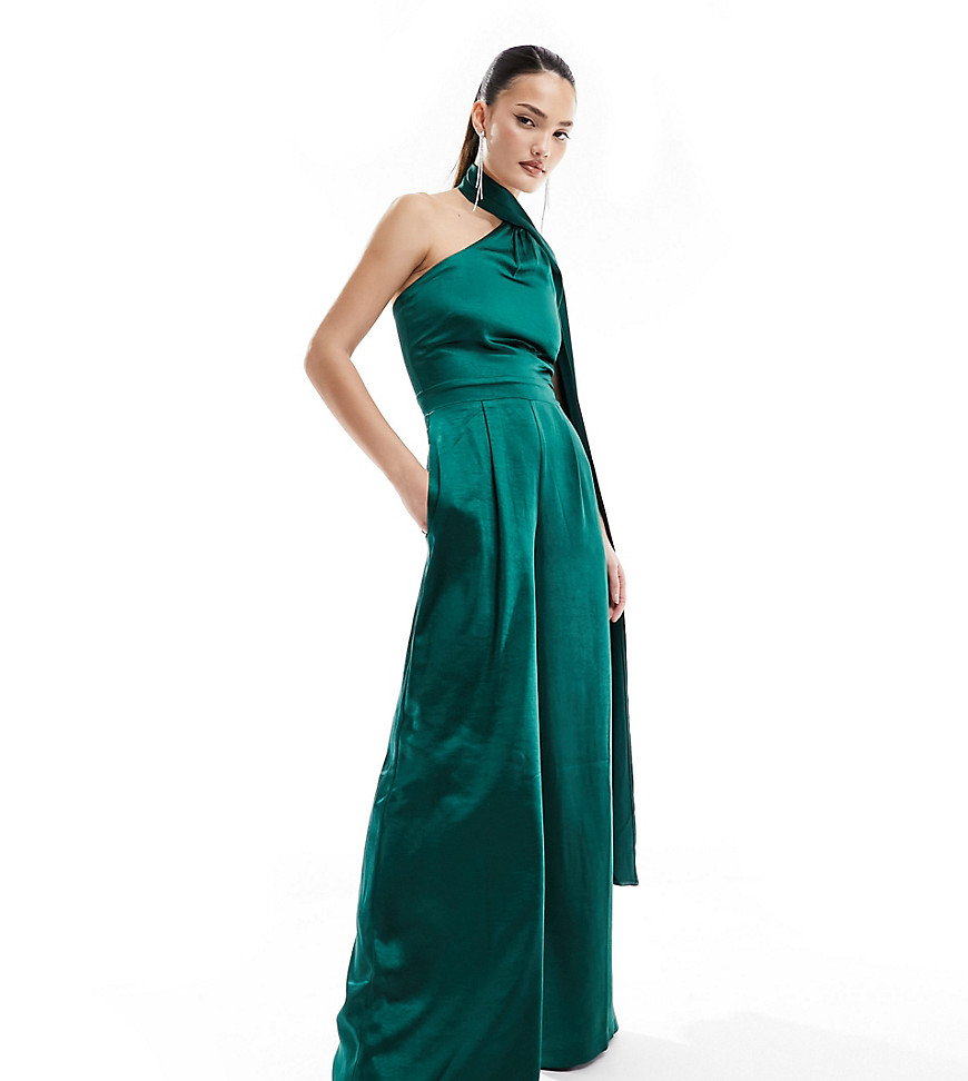 Style Cheat Exclusive satin jumpsuit with scarf in teal-Green