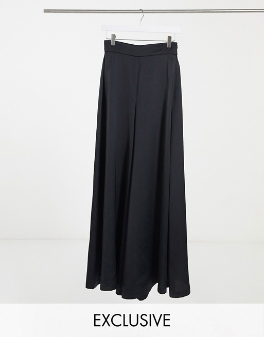 Style Cheat exclusive satin wide leg pleated trouser in black