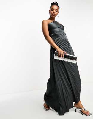 Style Cheat - Exklusiv - Wadenlanges Plissee-Kleid in Graphitgrau mit One-Shoulder-Träger-Silber