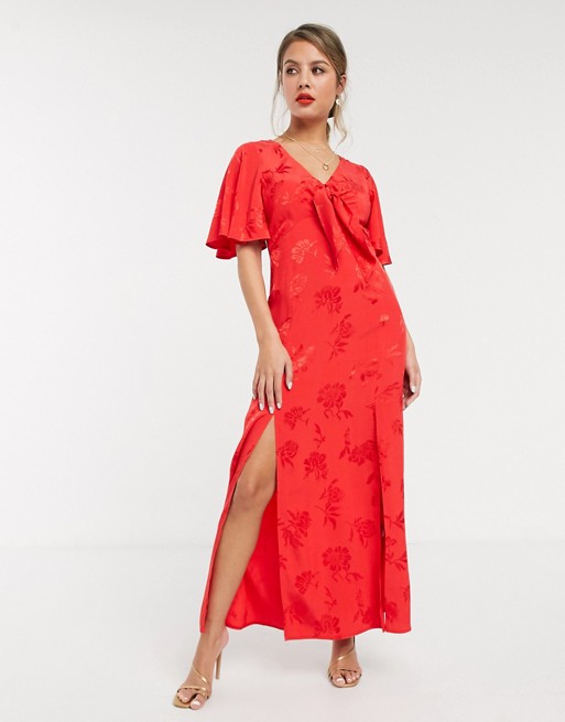 Style Cheat flutter sleeve midaxi dress with double thigh splits in red jacquard floral