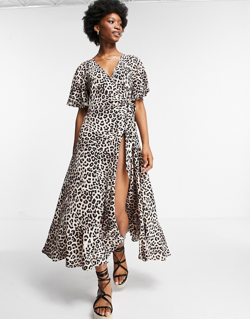 Style Cheat flutter sleeve wrap tie midi dress in leopard print-Multi