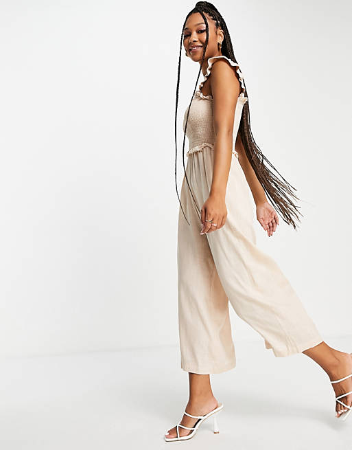 Jumpsuits & Playsuits Style Cheat frill shoulder shirred linen wide leg jumpsuit in oat 