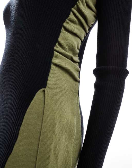 Style Cheat - Gebreide midaxi jurk met kleurvlakken in zwart en kaki, 4 van 4