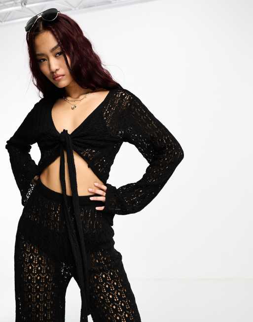 Style Cheat - Gehaakte top met gestrikte voorkant in zwart, deel van co-ord set