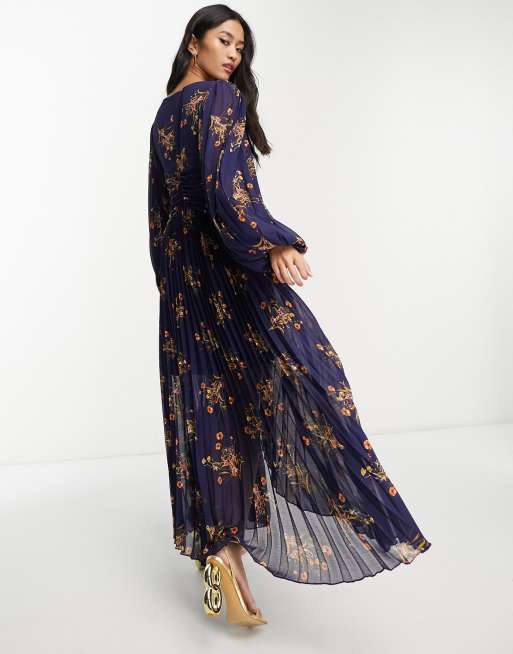 Style Cheat - Geplooide midaxi jurk met ballonmouwen in marineblauwe bloemenprint, 3 van 4