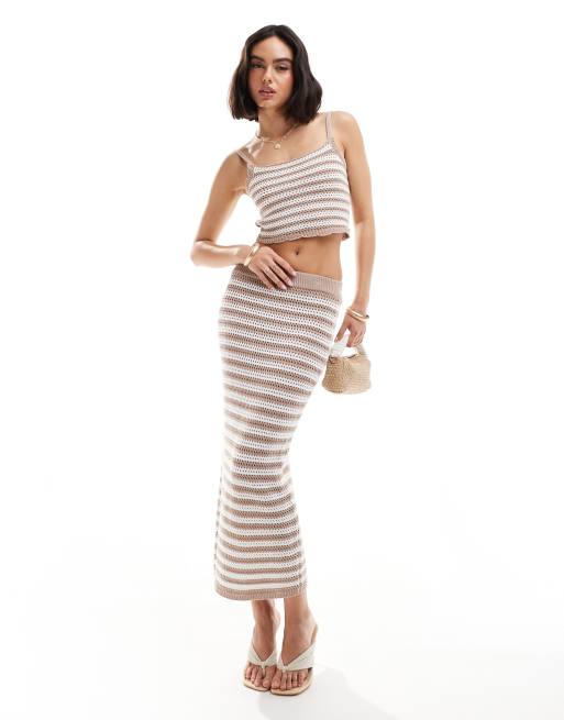 Style Cheat - Gonna midi all'uncinetto color avena a righe in coordinato