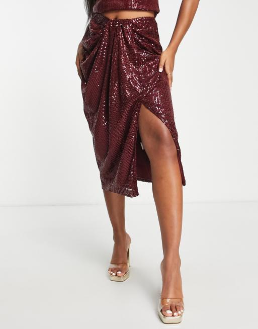 Style Cheat - Gonna midi avvolgente con paillettes color prugna in coordinato