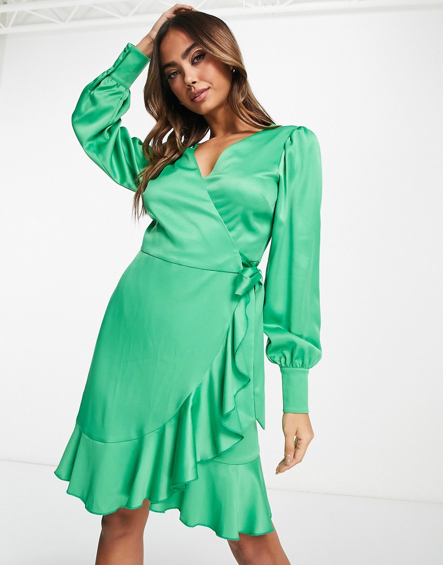 style cheat - grön miniklänning i satin med omlottdesign-grön/a