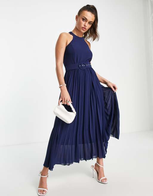 Style Cheat - Halflange, hooggesloten geplooide jurk in marineblauw