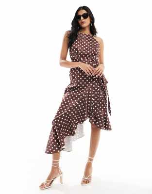 halter neck cami midi dress with tie waist in brown spot-Multi