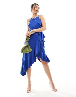 Style Cheat Halter Neck Cami Midi Dress With Tie Waist In Cobalt-blue