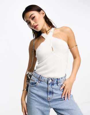 Style Cheat Halter-neck Knit Top In Ivory-white