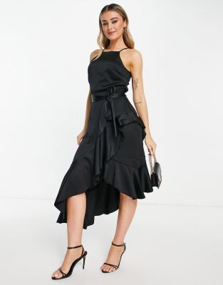 halter neck ruffle midi dress In black