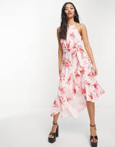 ASOS DESIGN bardot satin corset wrap midi dress in rose print | ASOS