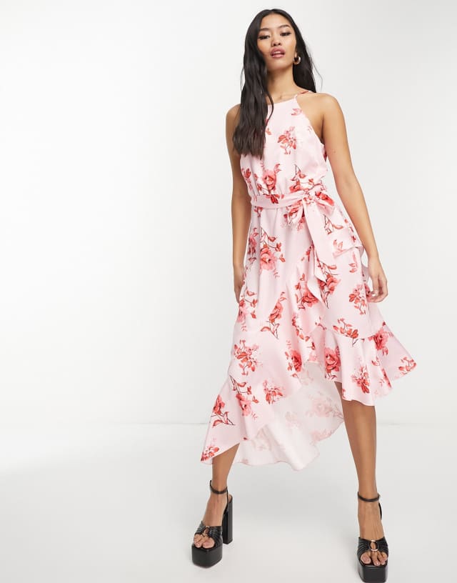 Style Cheat halter neck ruffle midi dress in blush floral