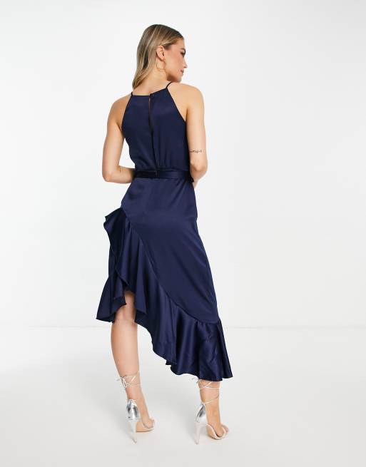 Navy ruffle midi discount dress