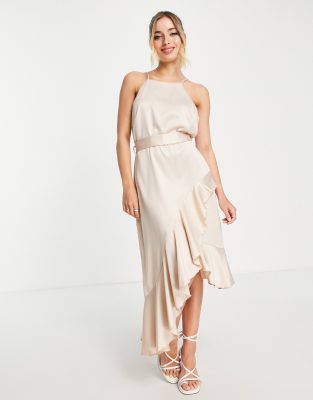 halter ruffle midi dress in oyster-White