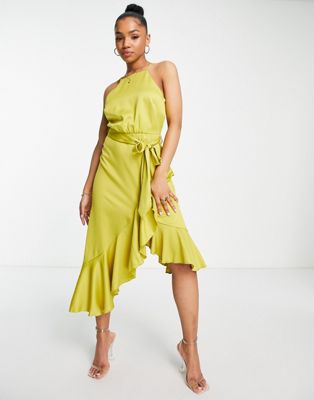 Style Cheat halter wrap midi dress in lime green