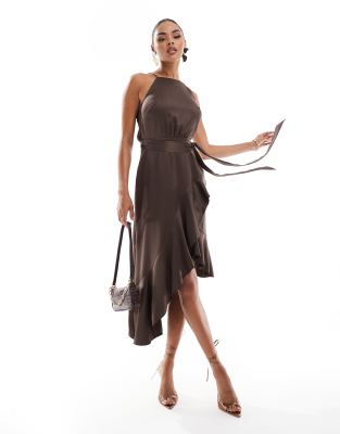 halterneck cami midi dress with tie waist in brown