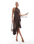 [Style Cheat] Style Cheat halterneck cami midi dress with tie waist in brown 12 BROWN