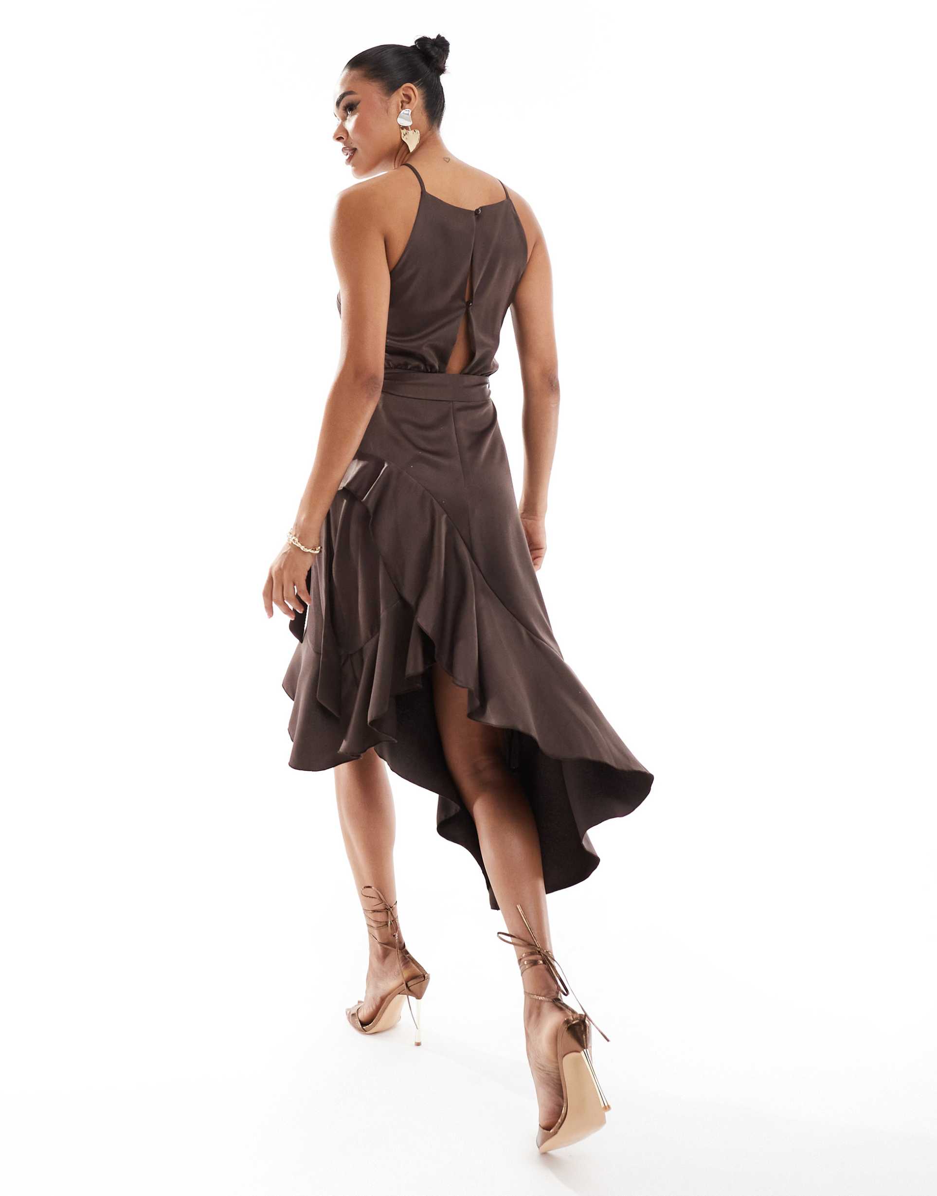 style cheat halterneck cami midi dress with tie waist in brown