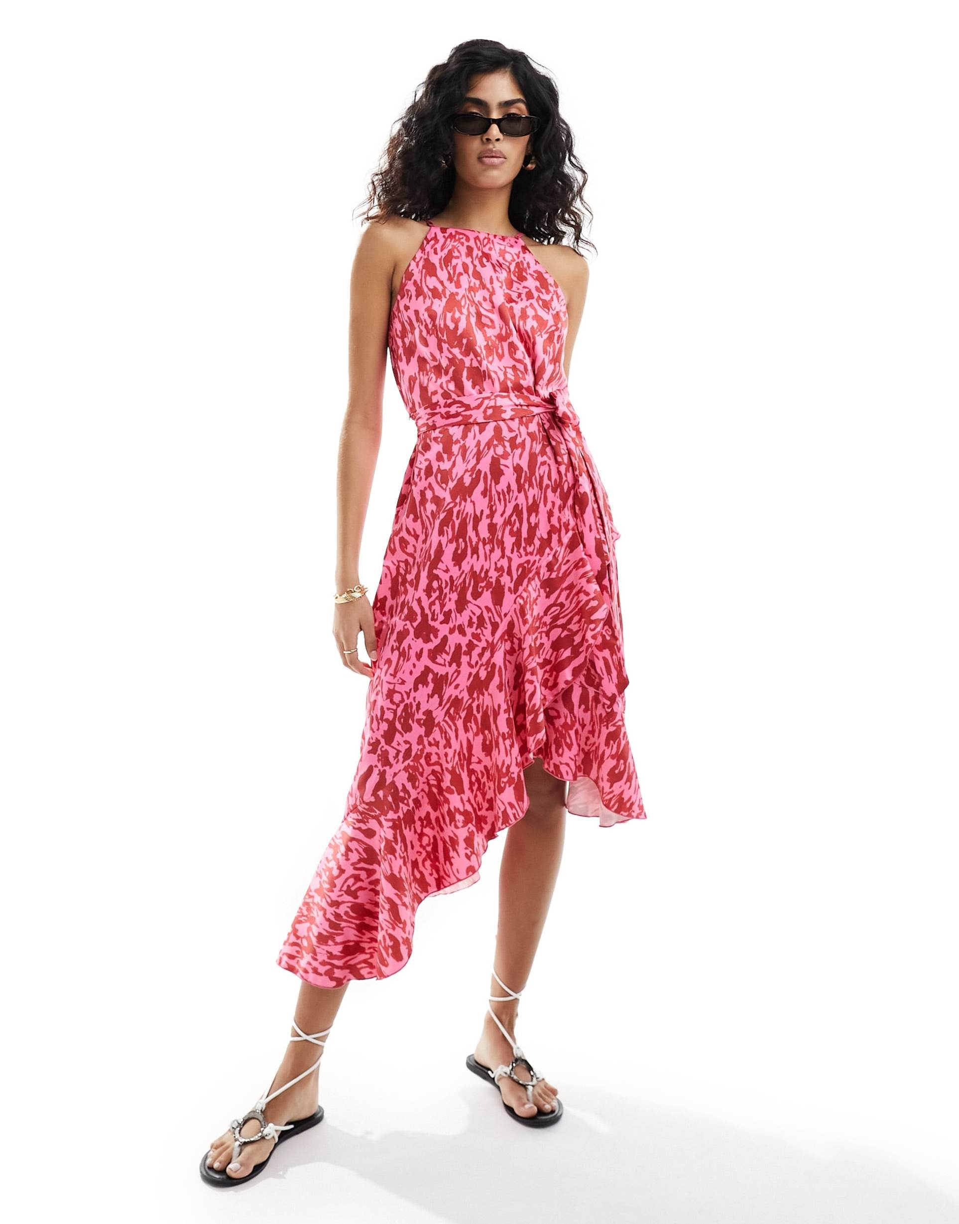 style cheat halterneck cami midi dress with tie waist in floral print