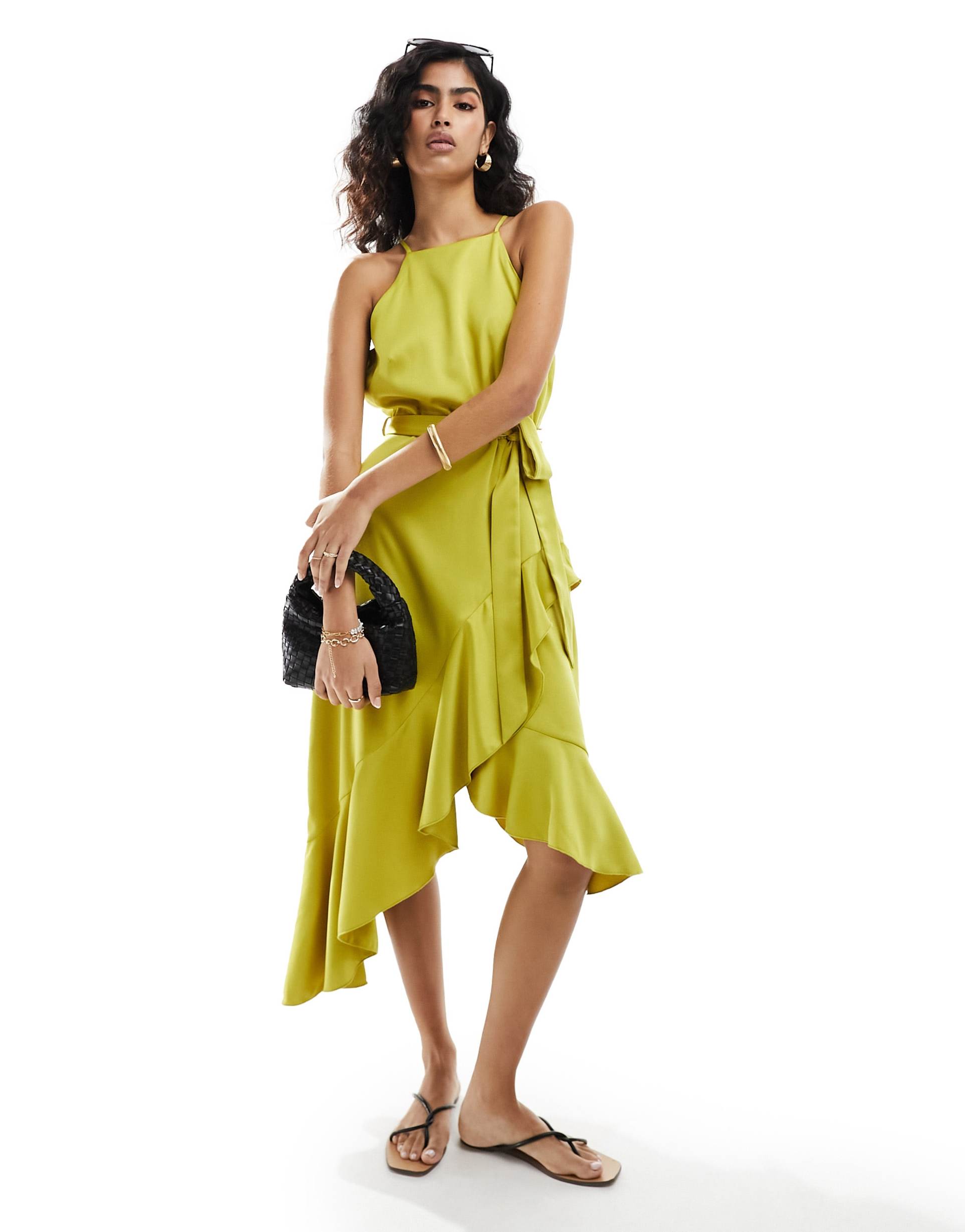 style cheat halterneck cami midi dress with tie waist in lime