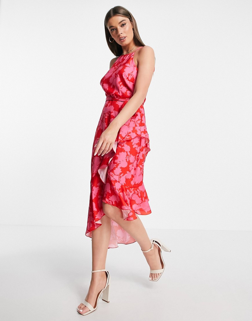Style Cheat halterneck floral midi dress in pink and red-Multi