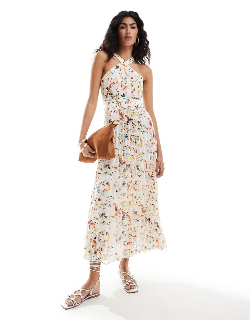 Style Cheat halterneck midi dress with pleated hem in floral-Multi