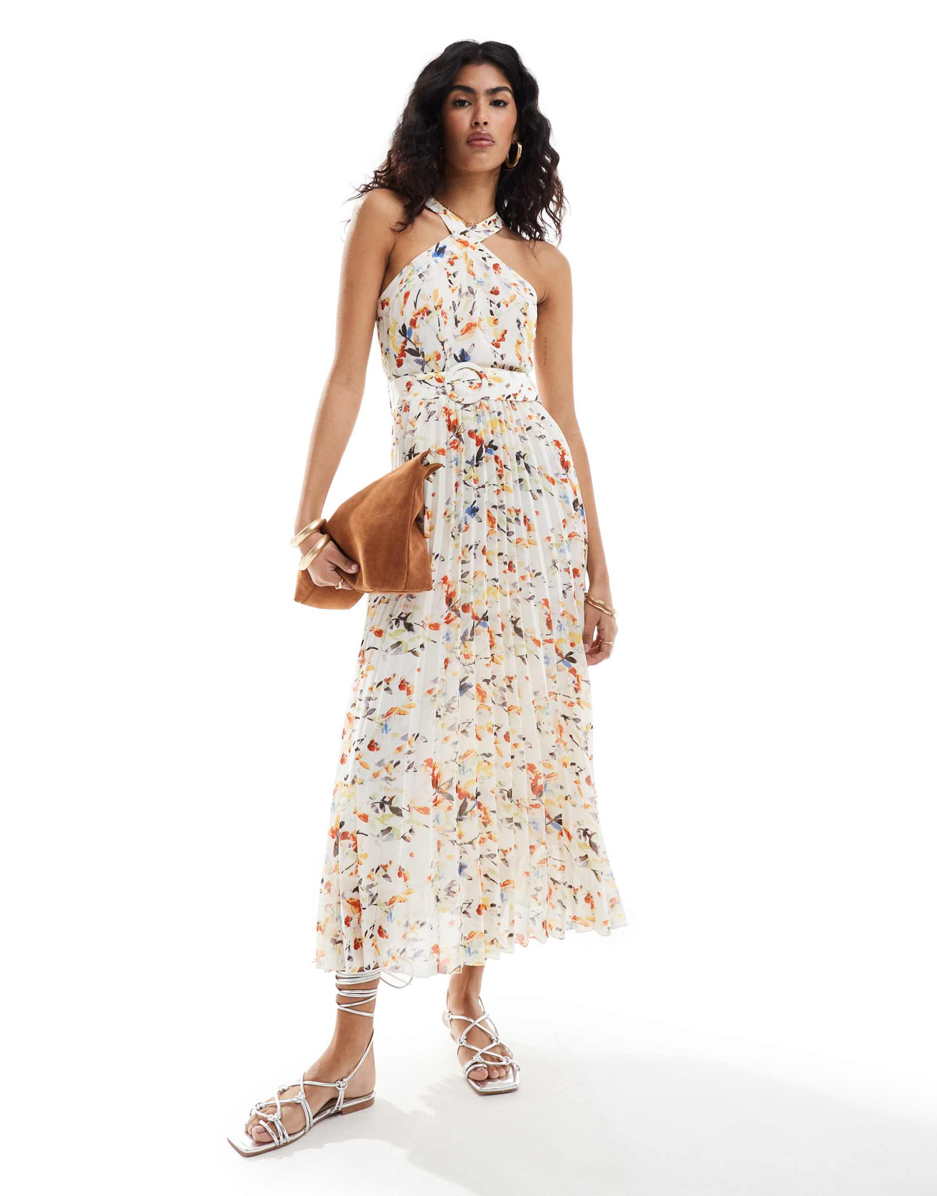 style cheat halterneck midi dress with pleated hem in floral